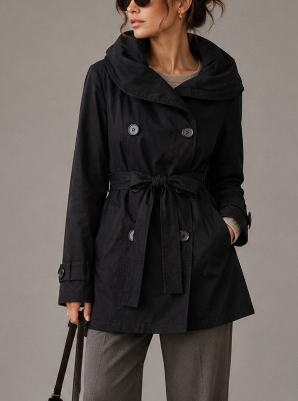 Louie Louie Double Breasted Belted Trench Coat Womens M Black Utility Scandi
